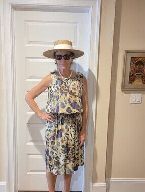 Sleeveless Multi Color Print Midi Dress in Yellow and Blue